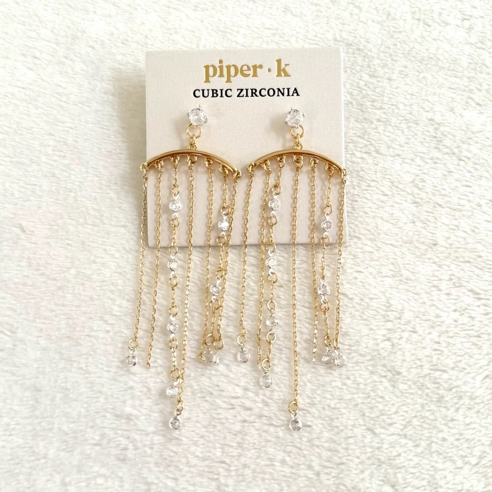 Piper K Dainty Gold Linear Chandelier Dangle Earrings w/ Cubic Zirconia